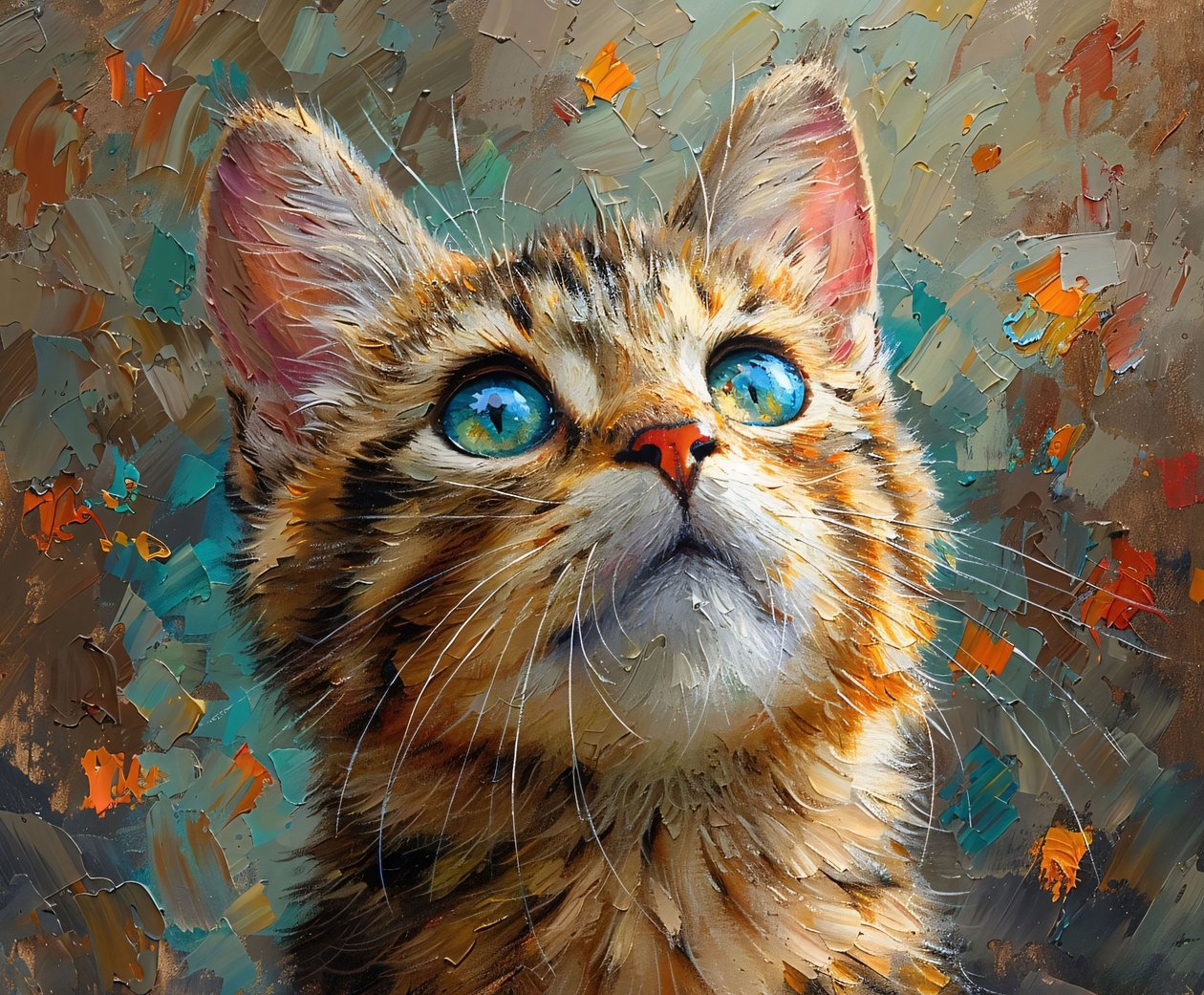 Eine niedliche Katze mit blauen Augen, die nach oben schaut, Nahaufnahme Tiergesicht, Wanddekoration von F. Abderrahim