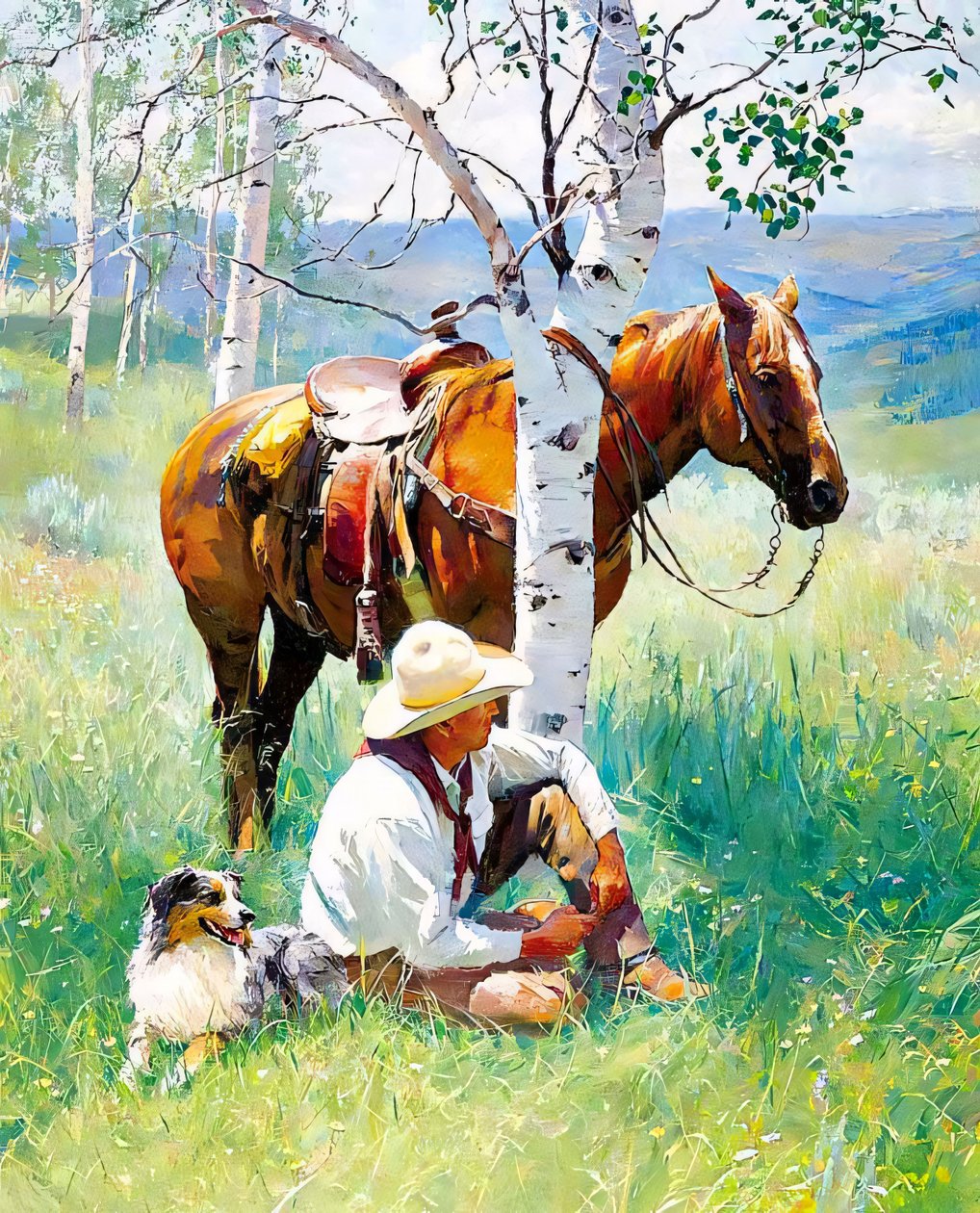 Ein Ritter, sein Hund und sein Pferd ruhen unter einem Baum, Wanddekoration Ideen von F. Abderrahim