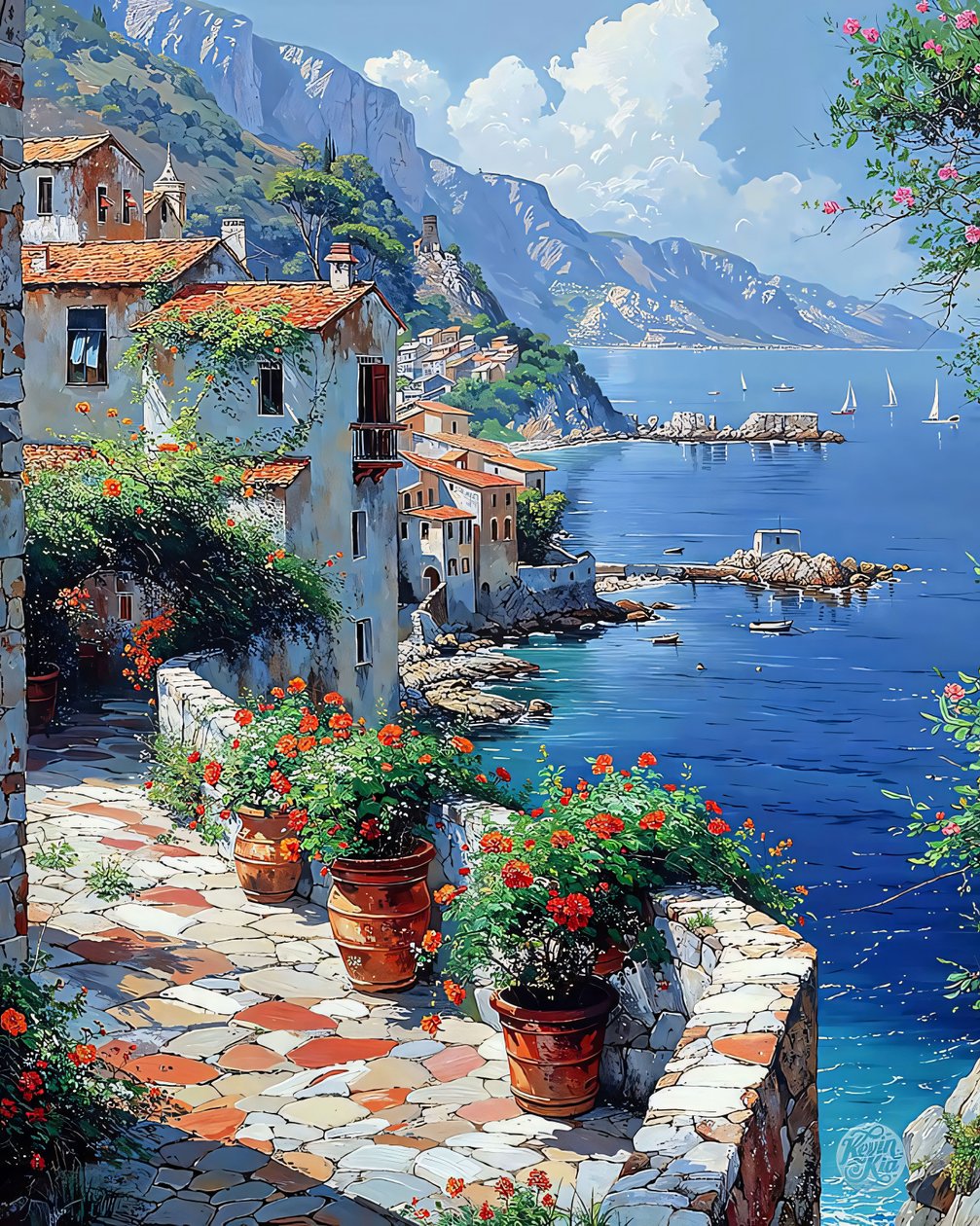 Eine felsige Küste eines Dorfes mit Blick auf das Mittelmeer von F. Abderrahim