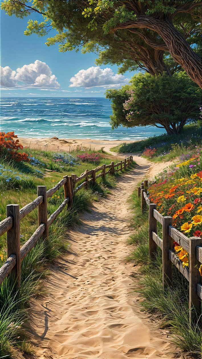 Ein sandiger Weg führt zu einem schönen Strand mit einem Holzzaun und bunten Blumen von F. Abderrahim