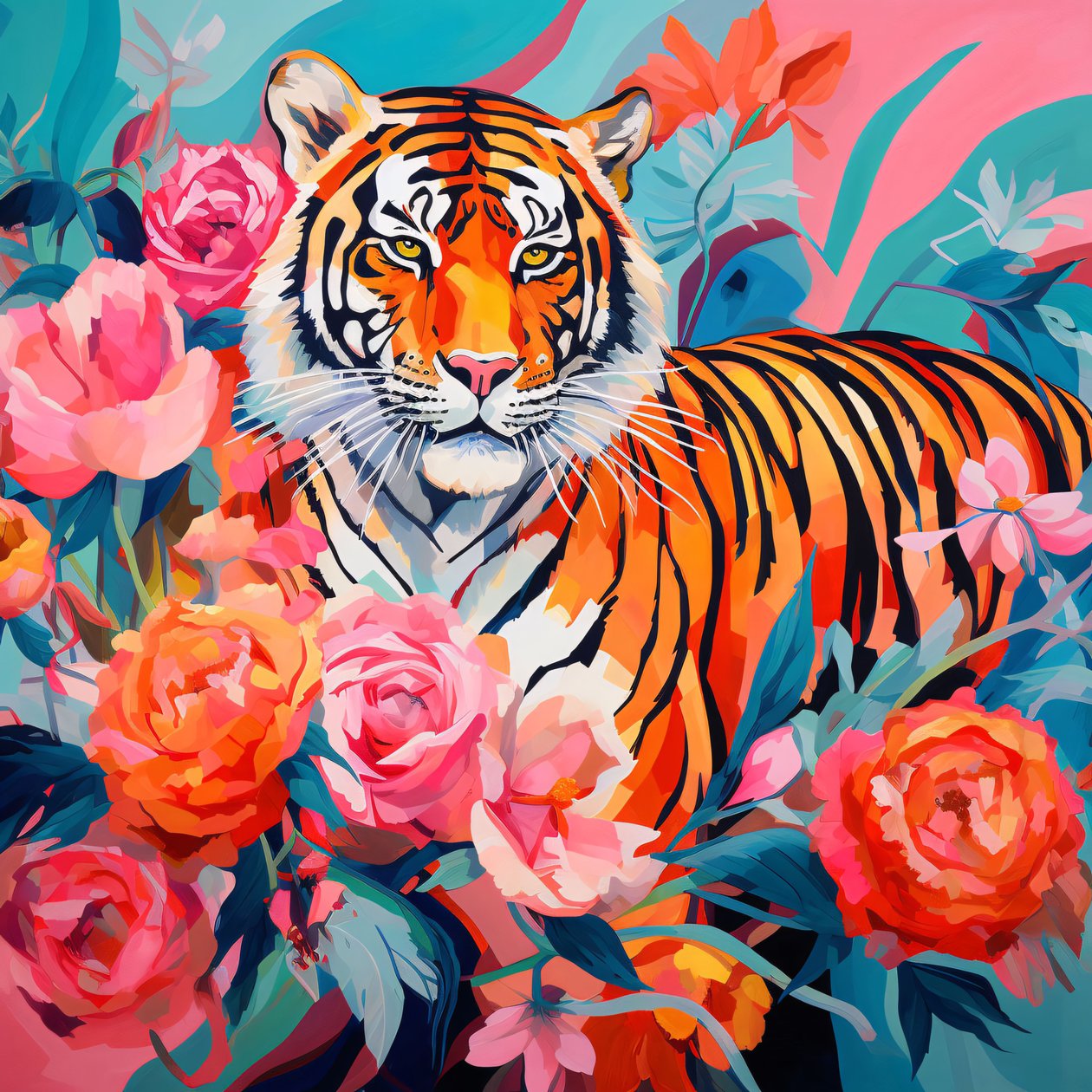 Abstract painting Peony Rose & tiger, vivid color, wall decor ideas  von F. Abderrahim