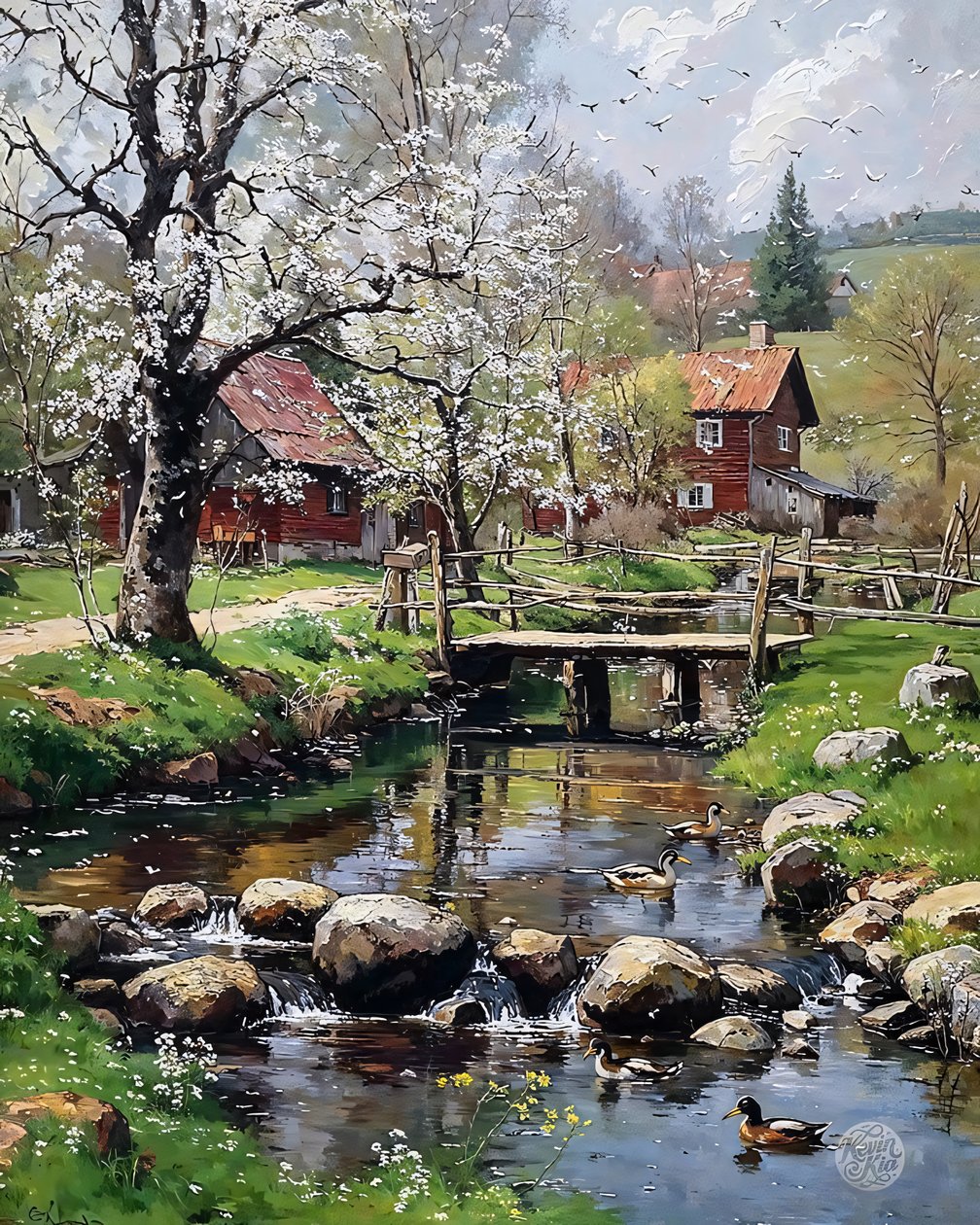 Das Mühlenhäuschen im Frühling, Öl auf Leinwand, gerahmter Wandschmuck von F. Abderrahim