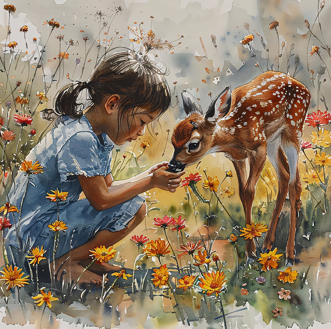 Aquarell Mädchen füttert ein Rehbaby, gefleckte Rehe von F. Abderrahim
