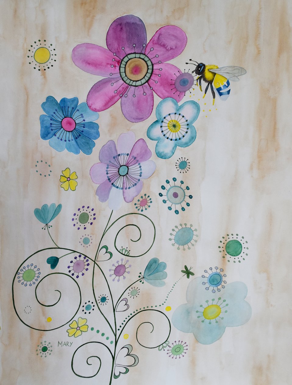 Biene und ihre Blumen von Marys Watercolors