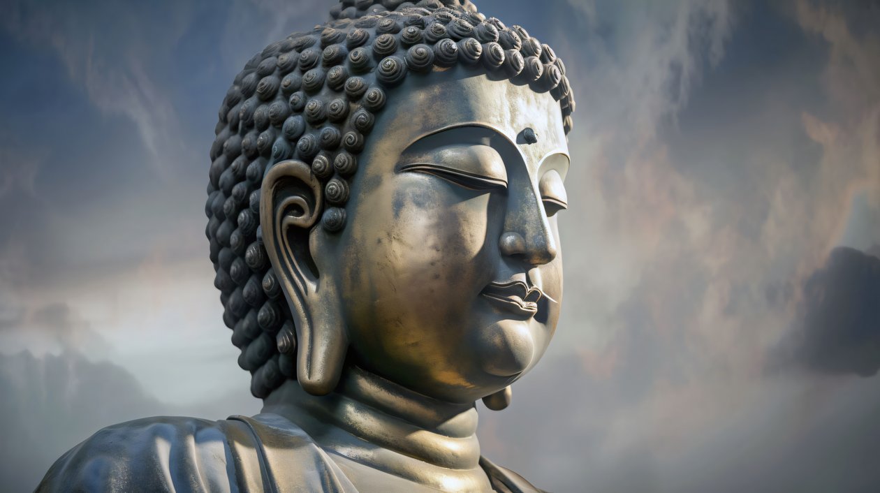 Buddha Porträt sitzend in friedlicher Meditation, gerahmter Leinwanddruck auf Anfrage von F. Abderrahim