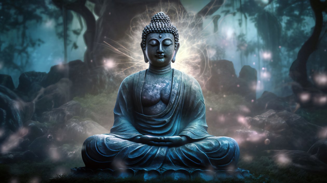 Buddha sitzend in friedlicher Meditation, eine spirituelle buddhistische Leinwand, gerahmte Wandkunstdrucke von F. Abderrahim