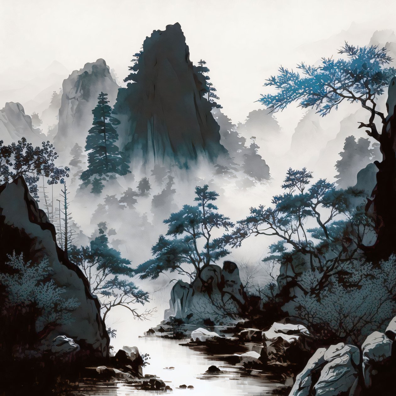 Cyanotypie Berg Fluss Nebel im Shan Shui Stil, gerahmte Wanddekoration Drucke von F. Abderrahim
