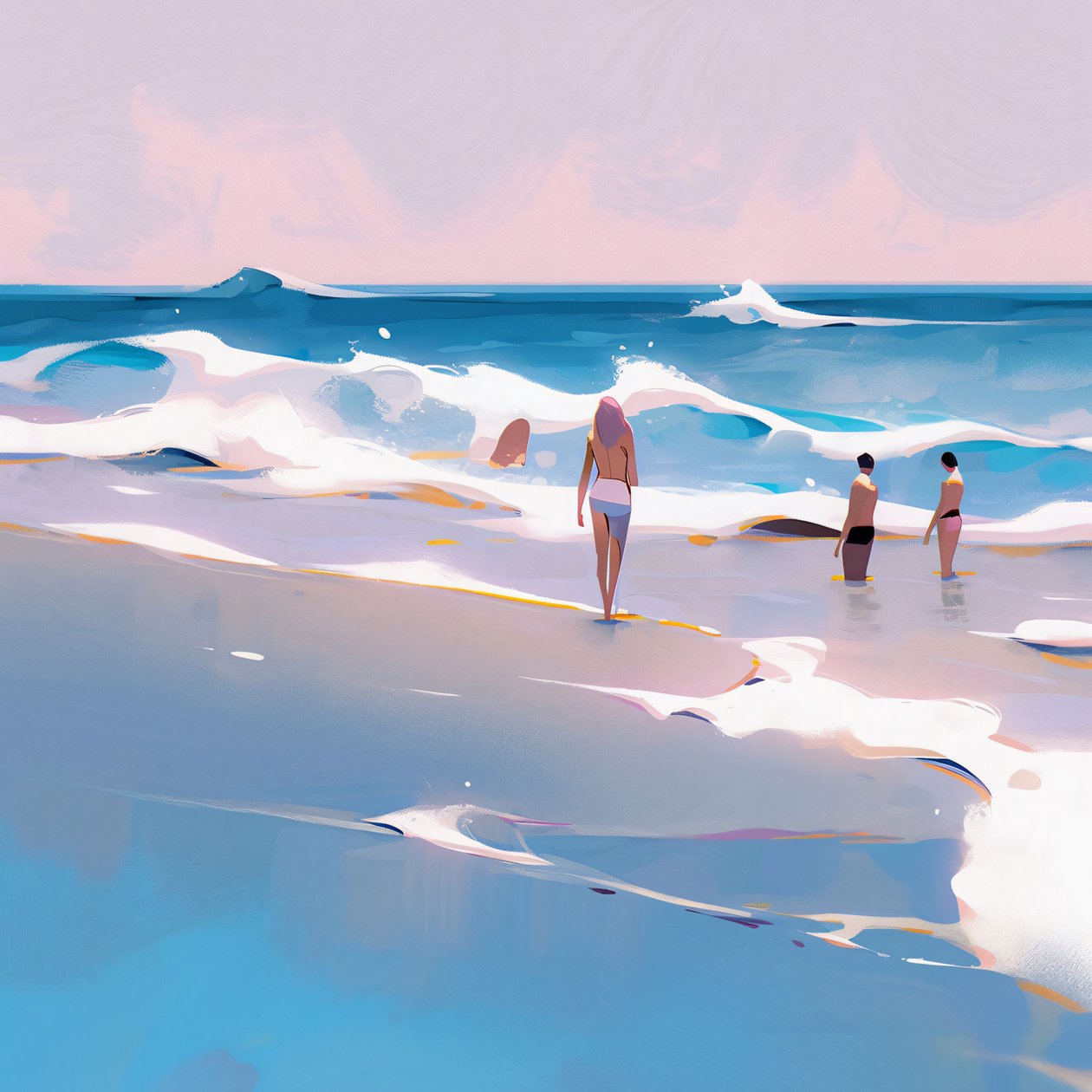 Menschen am Strand Minimalistisches Aquarell mit Wellen, Wanddekoration zum Verkauf von F. Abderrahim