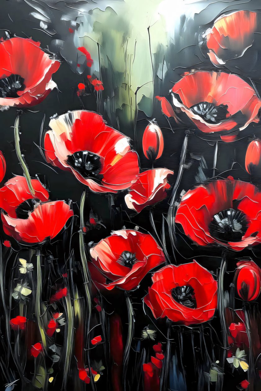 Messer-Malerei, lebendige rote Mohnblumen in dicken Schichten aufgetragen, Online-Kunstdrucke von F. Abderrahim