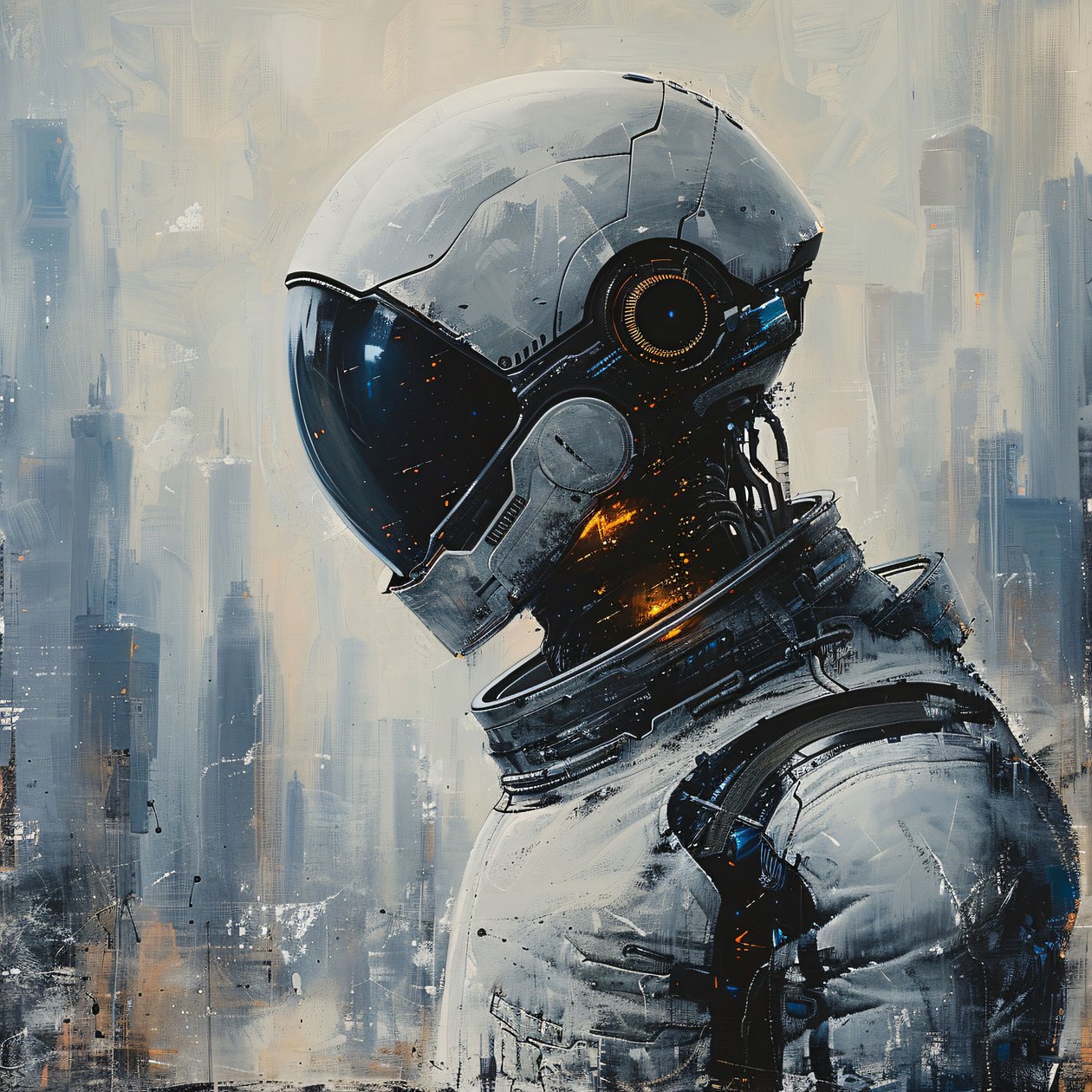 Ein Mann in einem weißen Raumanzug mit einem Helm auf dem Kopf, Wall Decor zu verkaufen von F. Abderrahim