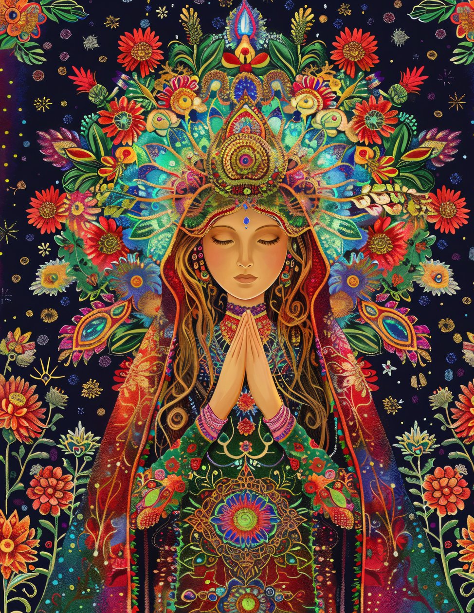 Eine schöne Frau, Stil von Alex Grey, Freude  Farben, Spirituelle  Mandala-Muster, Kunstdrucke auf Leinwand von F. Abderrahim