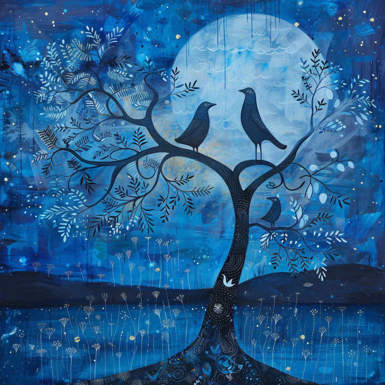 Blauer Mond  Vogel, Sternennachtszauber, Moderne Wanddekoration | Print on Demand von F. Abderrahim