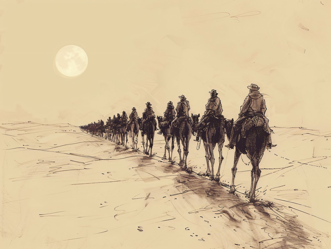 Desert Sun Procession Minimalist Single-Line Sketch, Wand-Dekor zum Verkauf von F. Abderrahim
