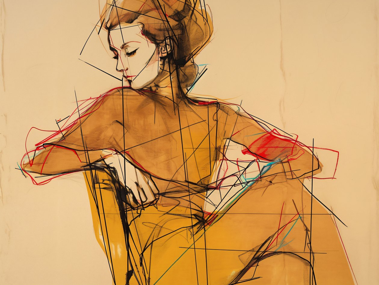 Mode Illustration  Zeichnung einer sitzenden Frau, Portrait in elegantem braunen Kleid, Kunstdrucke von F. Abderrahim