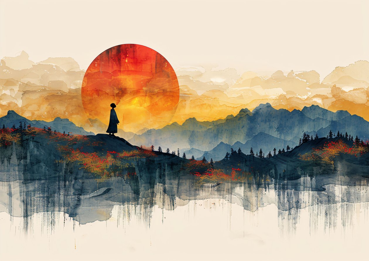 Geisha Stehend, Minimalistische Landschaft  Sonnenuntergang, Moderne Wanddekoration | Print on Demand von F. Abderrahim