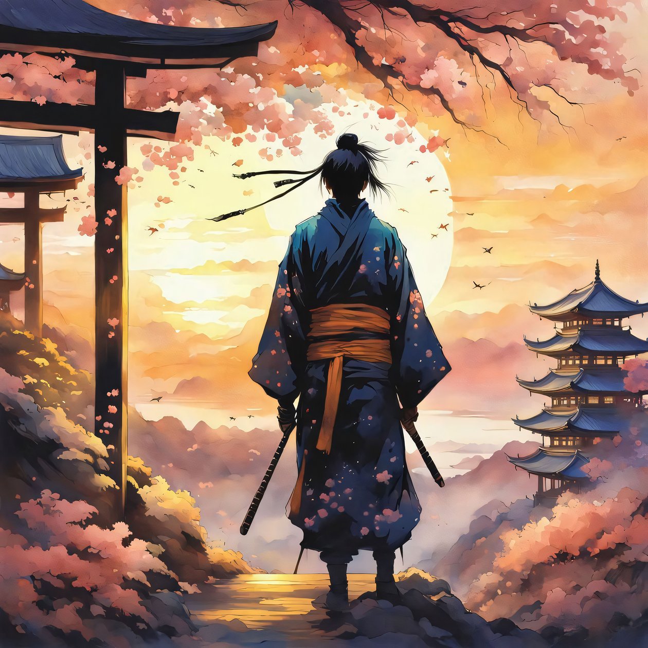 Japanische Samurai, in einem Tempel auf einem Berg, Rosa Farben, Custom Canvas Prints von F. Abderrahim
