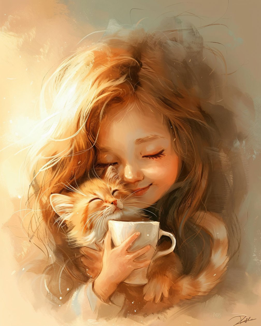 Kleines Mädchen, ihre Katze und die Liebe zu gutem Kaffee, gerahmte Wanddekoration von F. Abderrahim