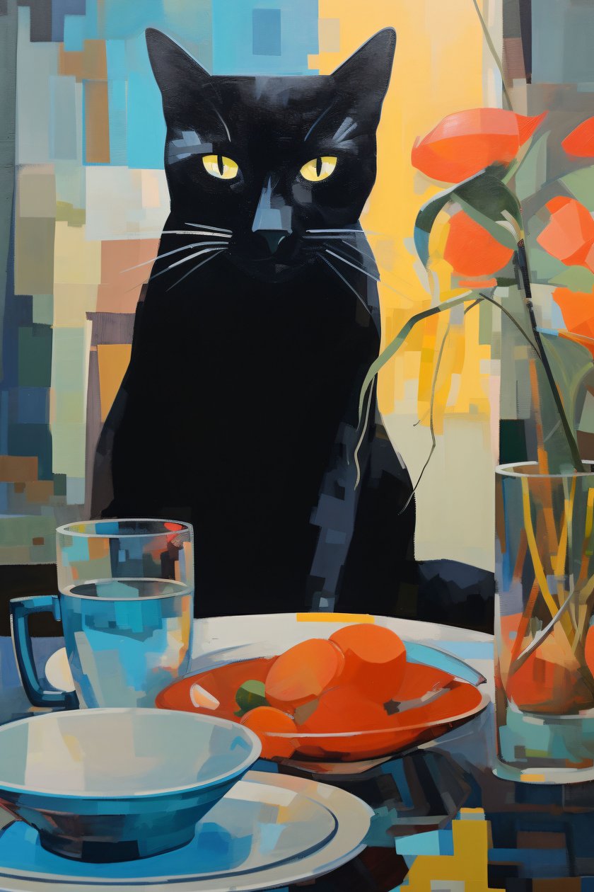 Gemälde einer schwarzen Katze, die auf einem Blumenteller speist, Wandkunstdrucke auf Anfrage von F. Abderrahim