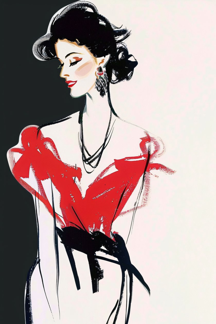 Pariser Mode, Rotes  schwarzes Kleid, René Gruau Stil, französische Lady Posing Makeup von F. Abderrahim
