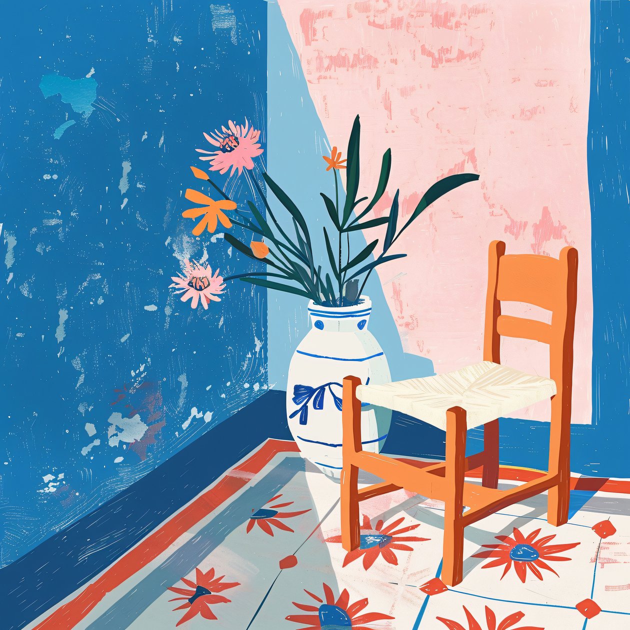 Pflanzen  Mexikanischer Stuhl mit Keramikvase, Minimalistische Kunstdrucke auf Leinwand von F. Abderrahim