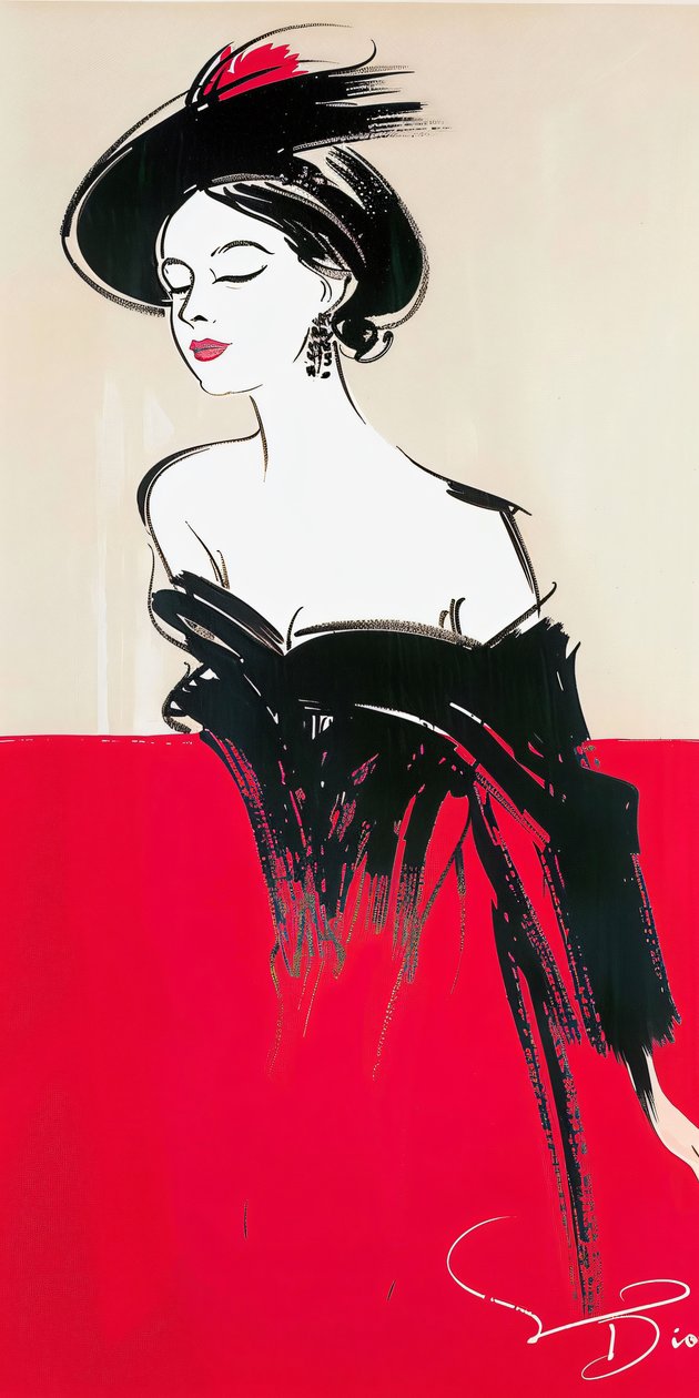 Frau posiert mit Make-up, rot-schwarzes Kleid, René Gruau Inspiration, 60er Jahre Mode von F. Abderrahim