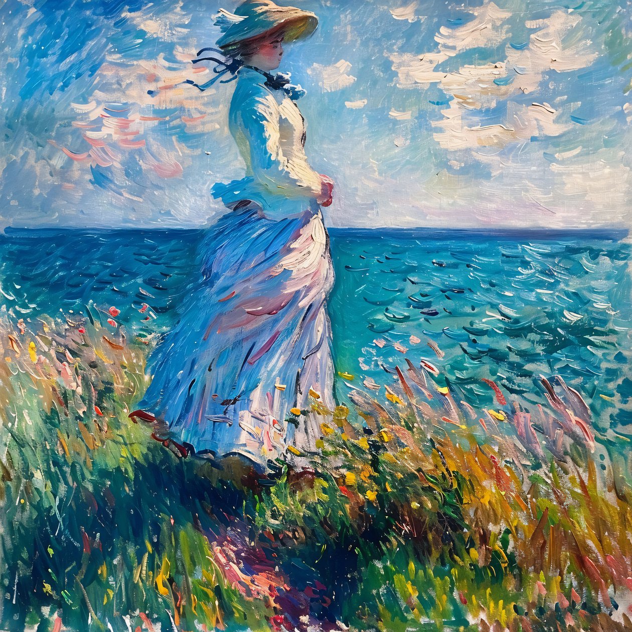 Junge Frau im Kleid in der Natur, stehend am Strand, Monet-Stil von F. Abderrahim