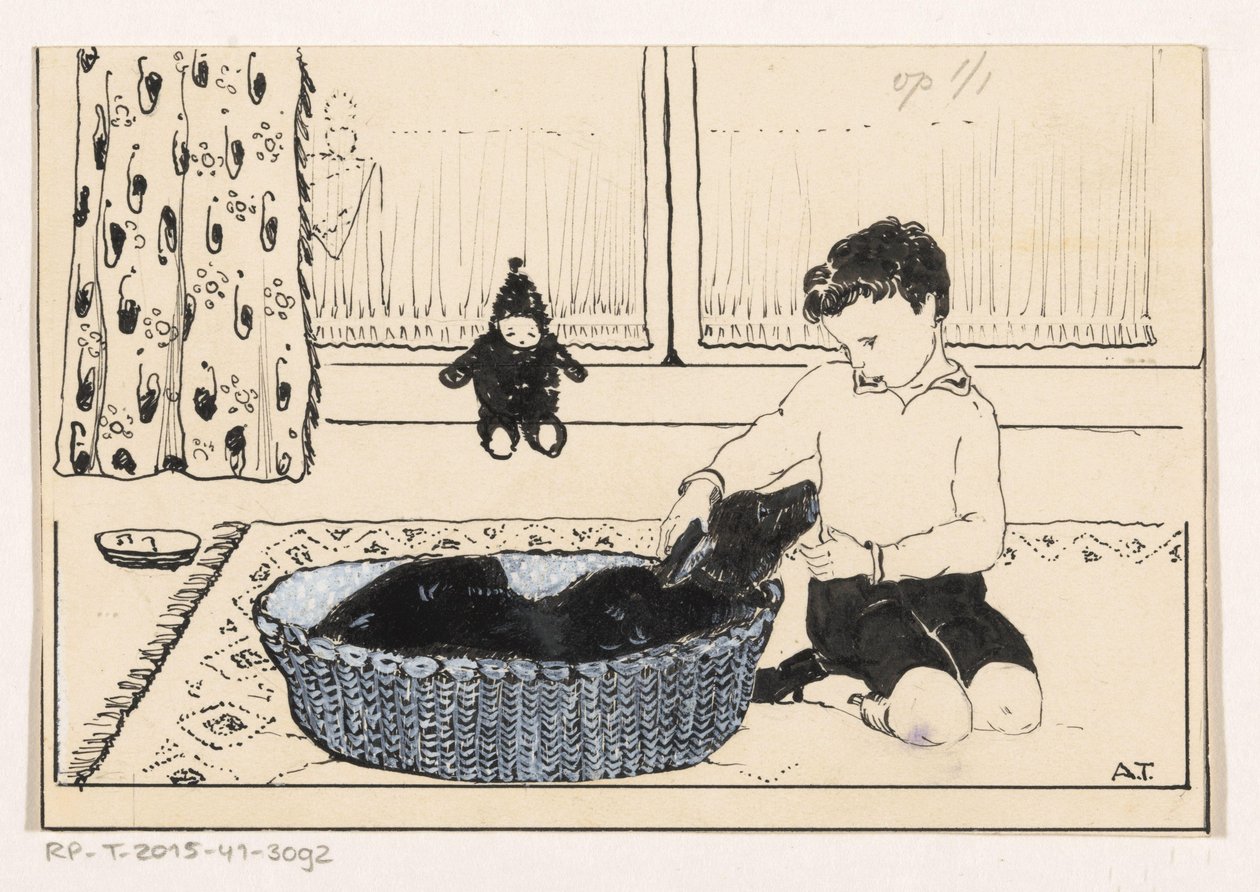 Junge streichelt einen Hund von A. Tinbergen (signed by artist)