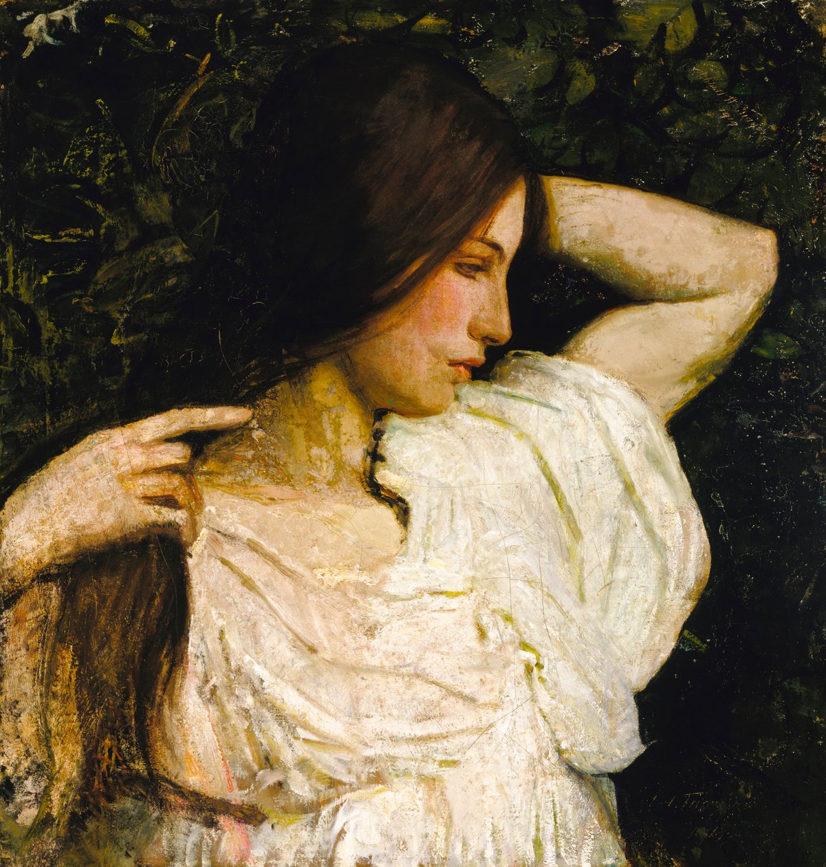 Mädchen, das ihr Haar ordnet von Abbott Handerson Thayer