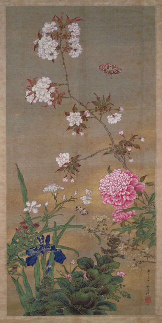 Pfingstrose, Iris, Kirschblüte und ein Schmetterling, 1828 von Abe Kan Torin
