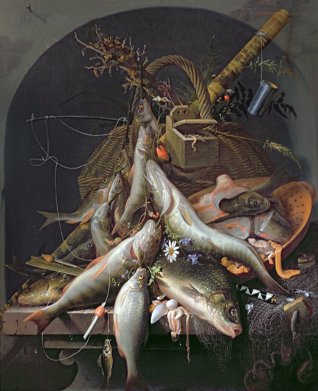 Ein Stillleben mit Fischen und Angelgerät von Abraham Mignon