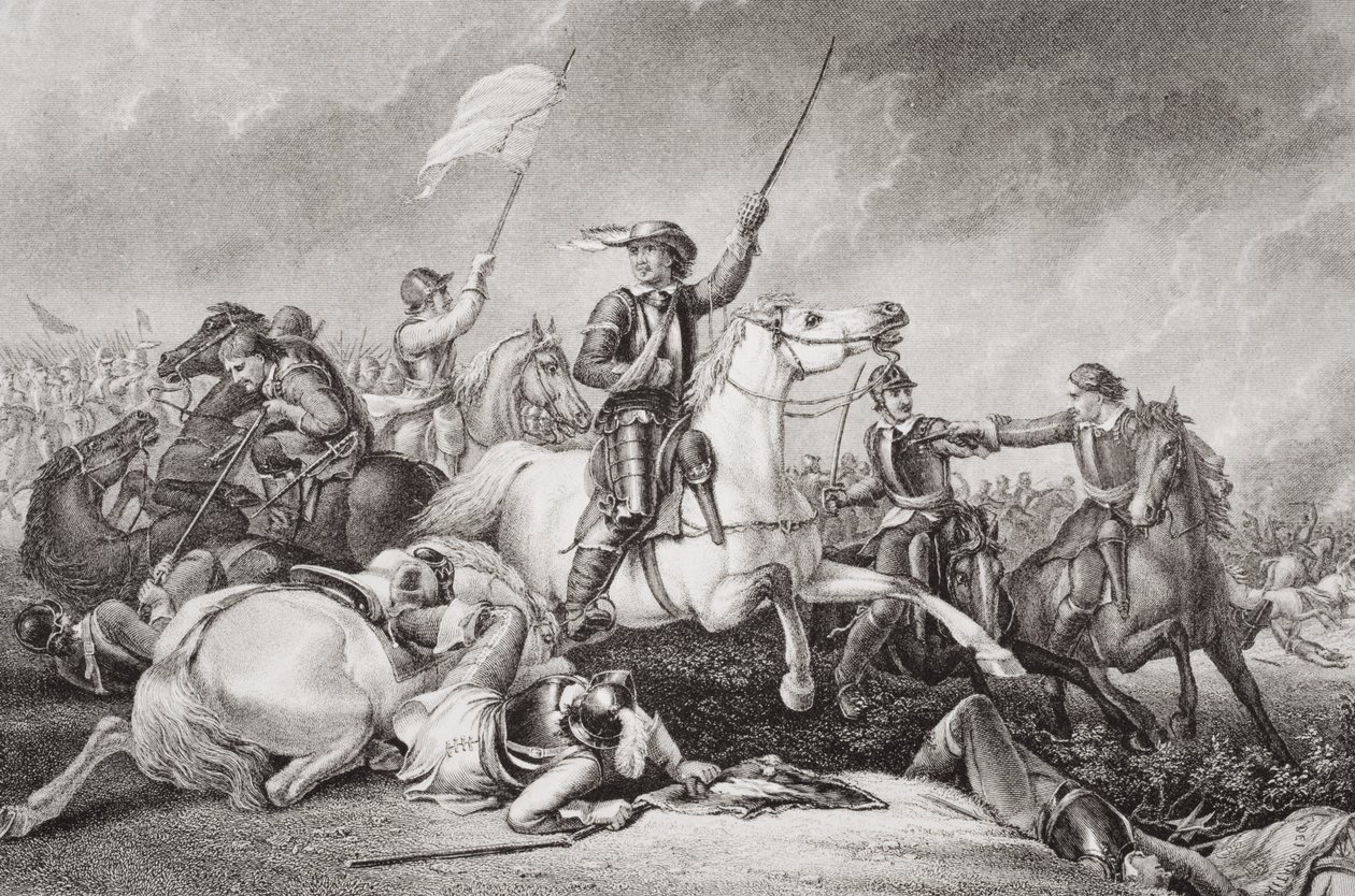Cromwell führt einen Angriff an, nachdem er am rechten Arm verwundet wurde, in der Schlacht von Marston Moor, 2. Juli 1644, aus 