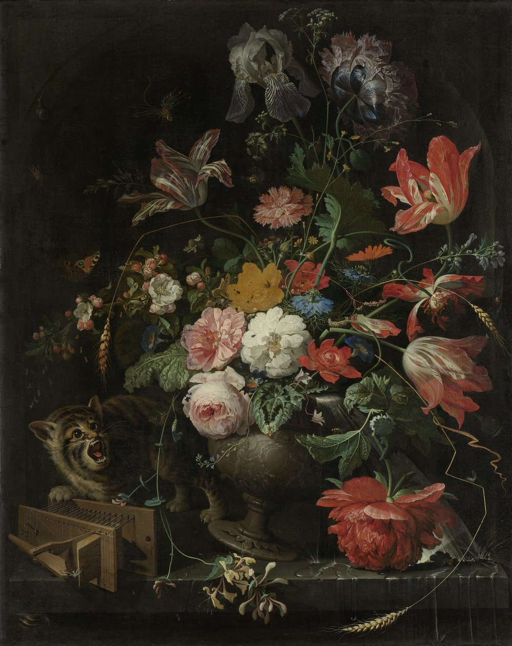 Blumenstillleben mit Katze und Mausefalle von Abraham Mignon