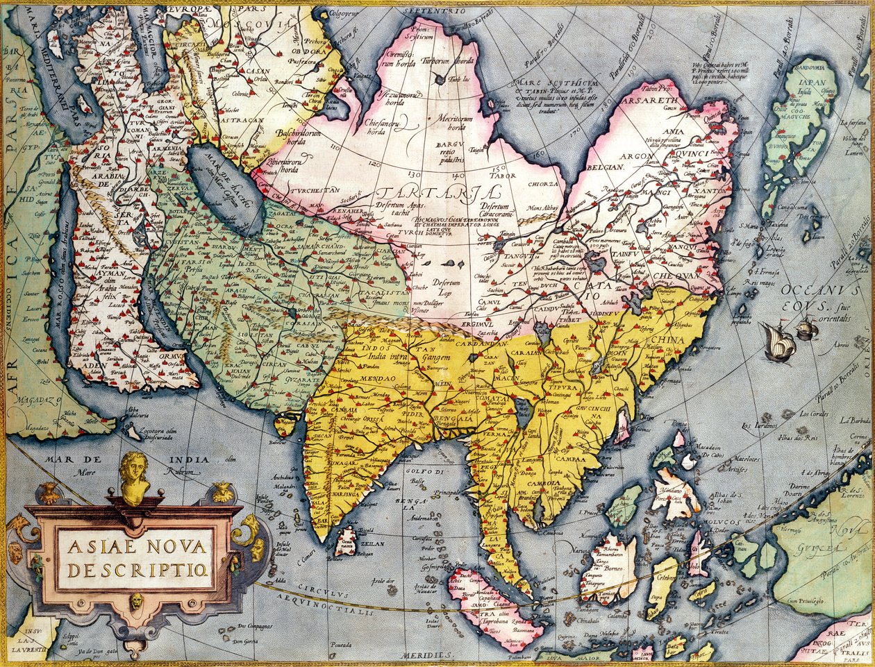 Asien: Karte des Kontinents einschließlich Japan und der Ostindischen Inseln mit einem Teil von Neuguinea, ca. 1580 von Abraham Ortelius