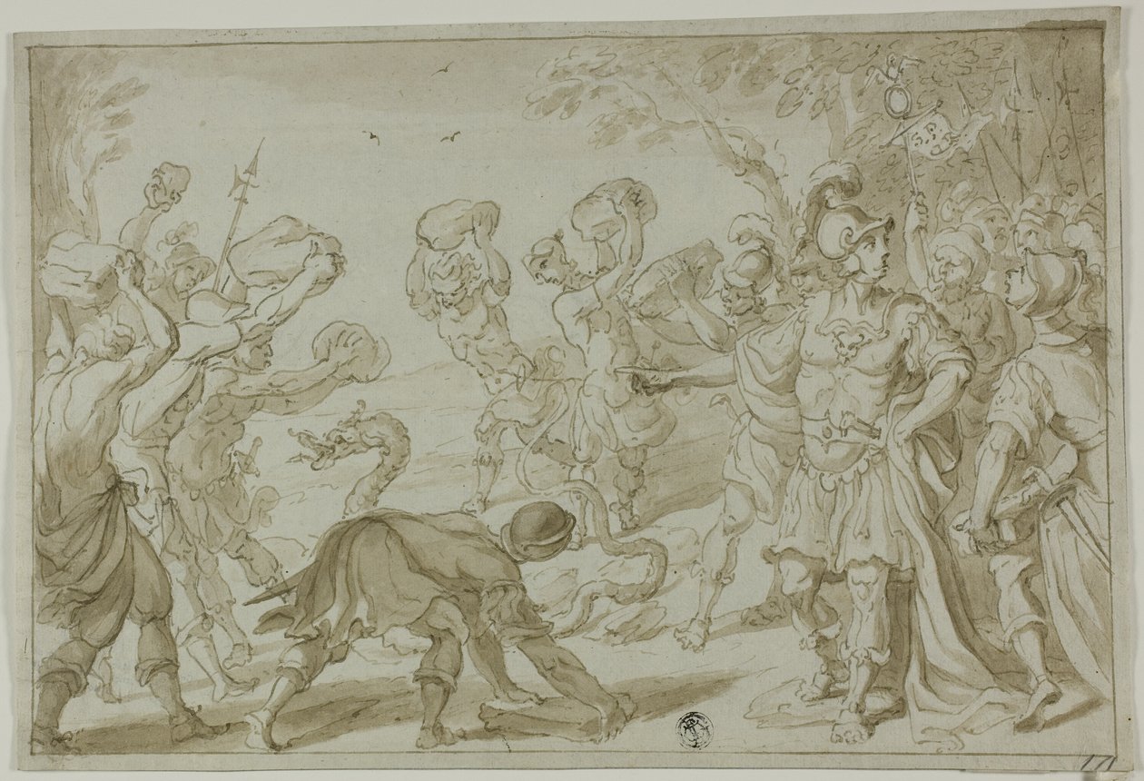 Römische Soldaten steinigen eine Schlange von Abraham Bloemaert