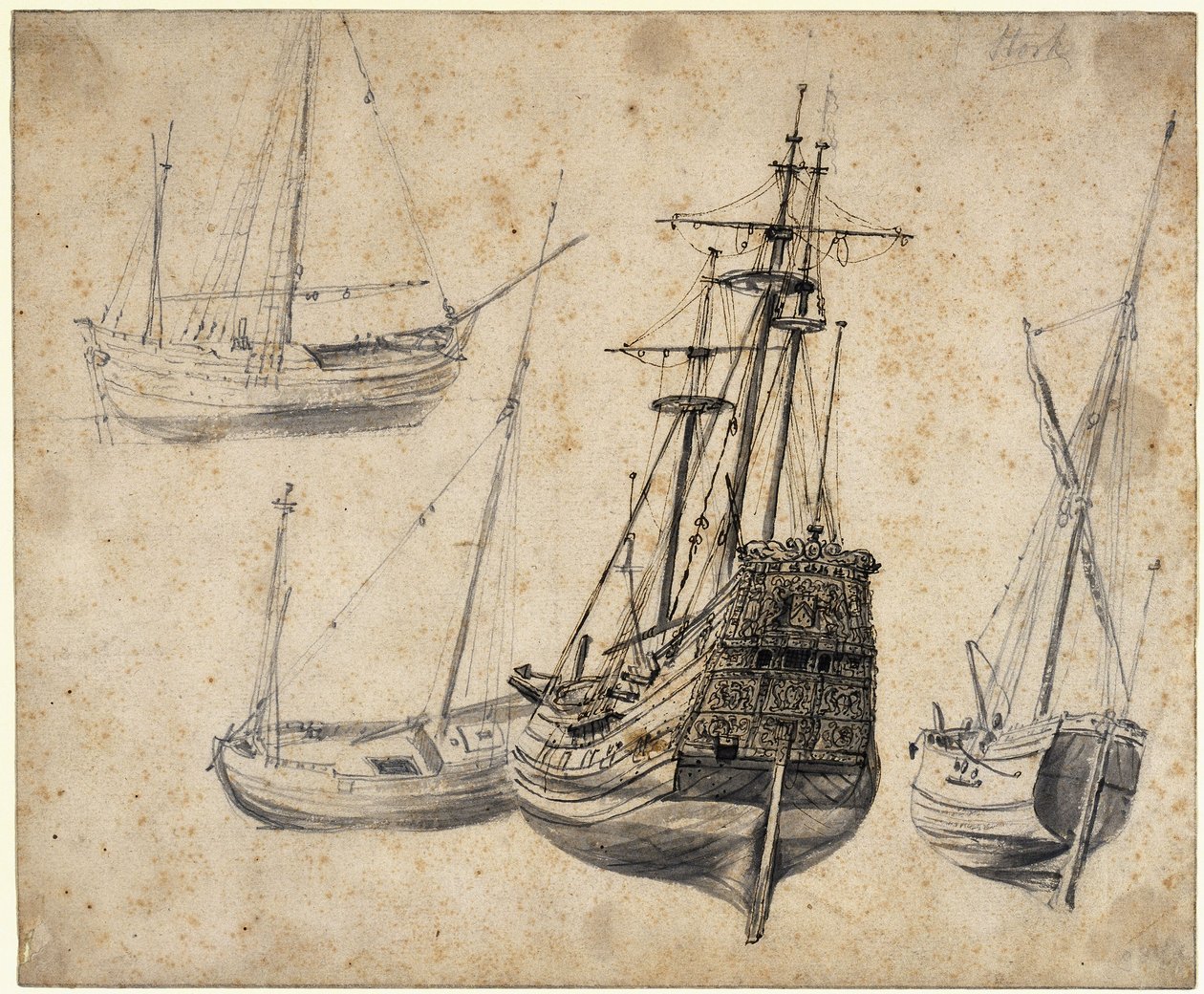 Studienblatt mit einem Dreimaster und Booten von Abraham Casembroot