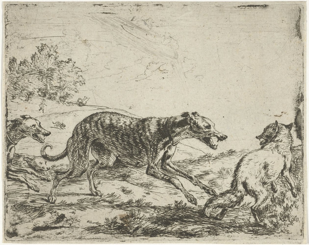 Fuchs und die drei Hunde von Abraham Danielsz. Hondius