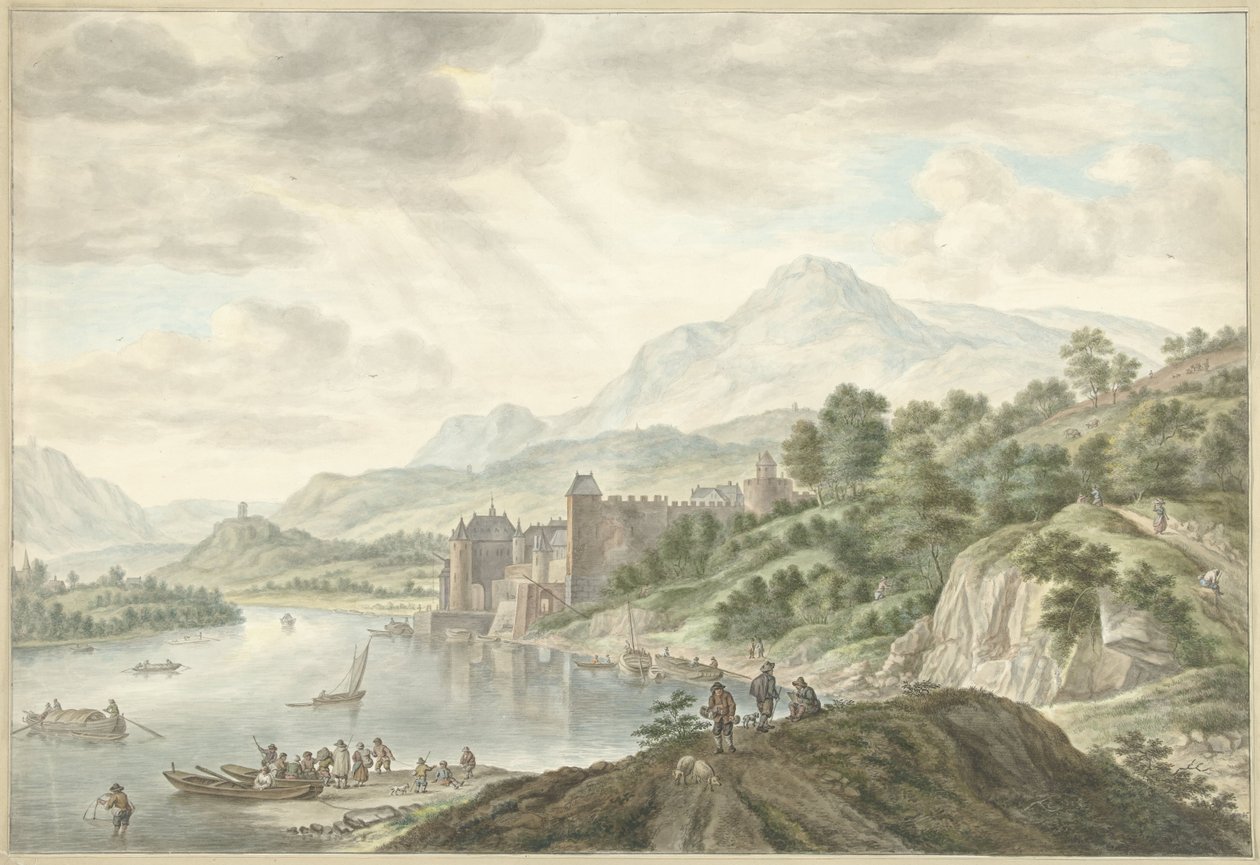Hügellandschaft mit einem Schloss an einem Fluss von Abraham Delfos