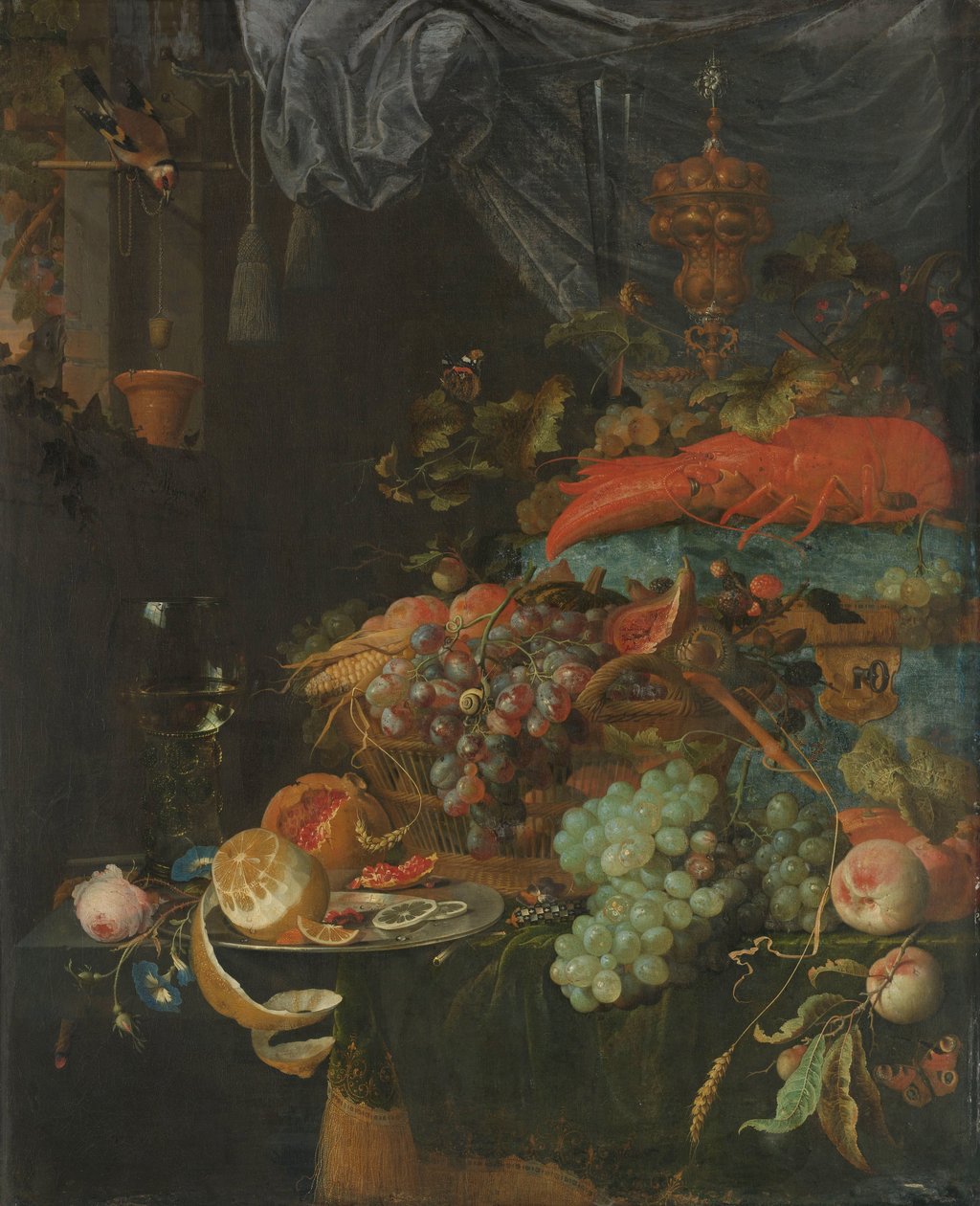 Stillleben mit Früchten und einem Stieglitz von Abraham Mignon