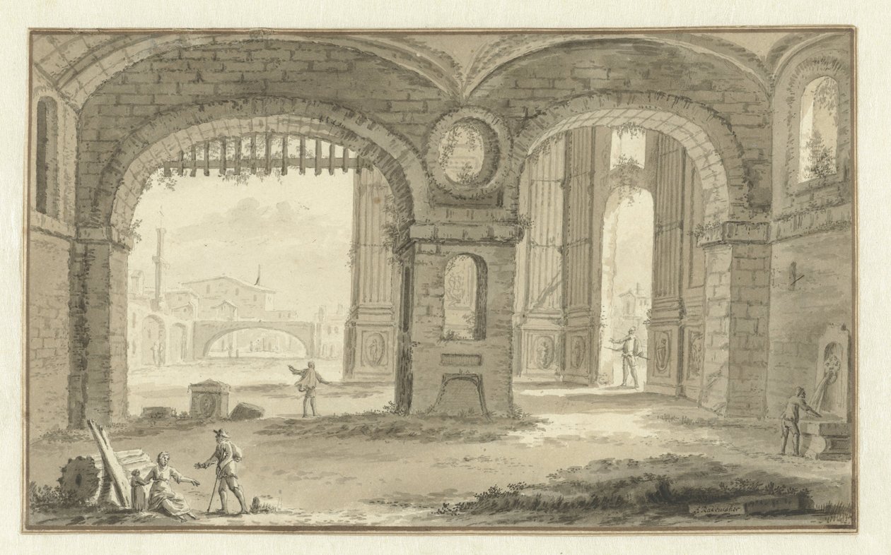 Fantasierte italienische Stadtansicht mit klassischen Bauwerken von Abraham Rademaker