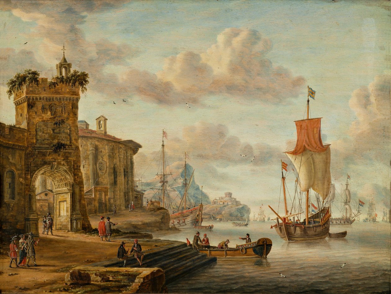 Hafenszene mit antiken Ruinen von Abraham Storck