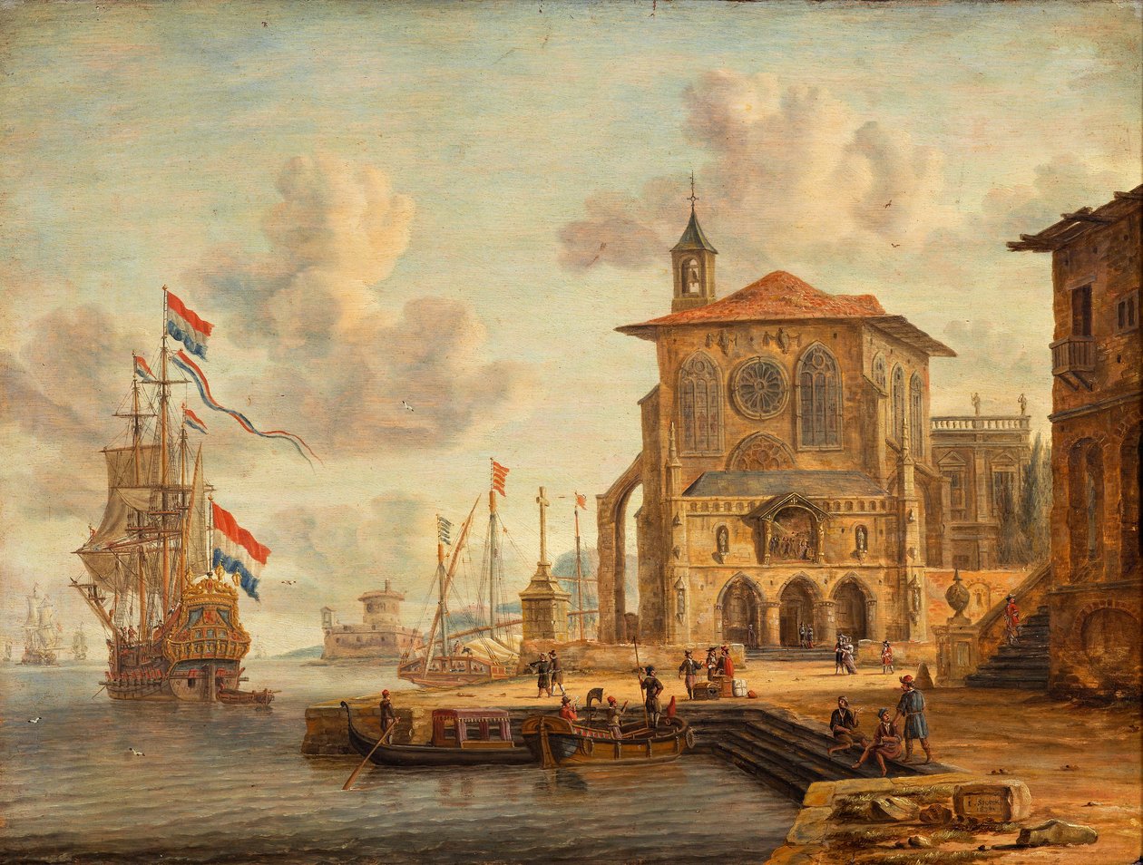 Hafenszene mit mittelalterlichem Gebäude von Abraham Storck