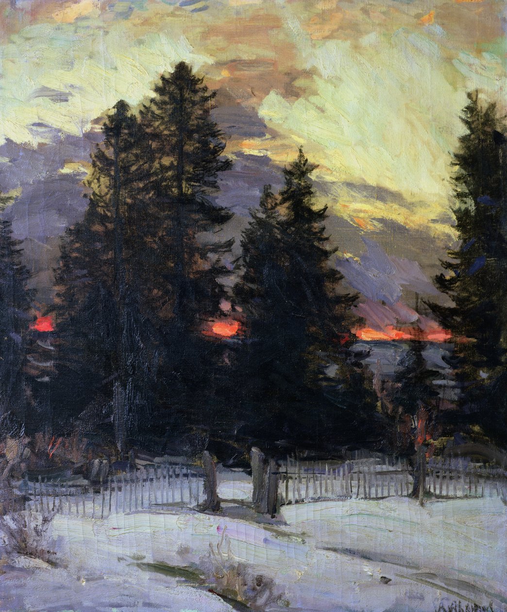 Sonnenuntergang über einer Winterlandschaft, um 1902 von Abram Efimovich Arkhipov
