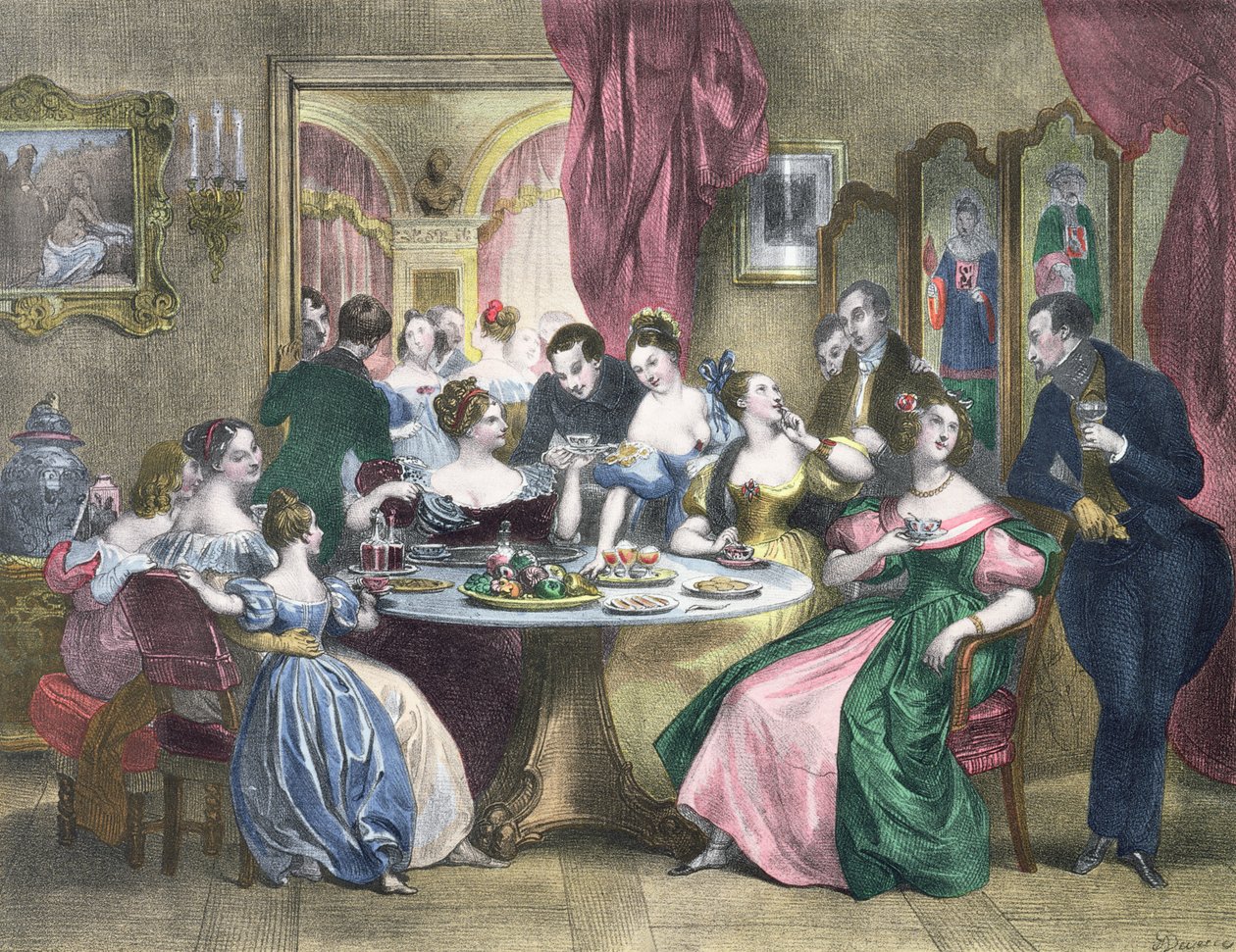 Tee in der gehobenen Gesellschaft in Frankreich, ca. 1840 von Achille Devéria