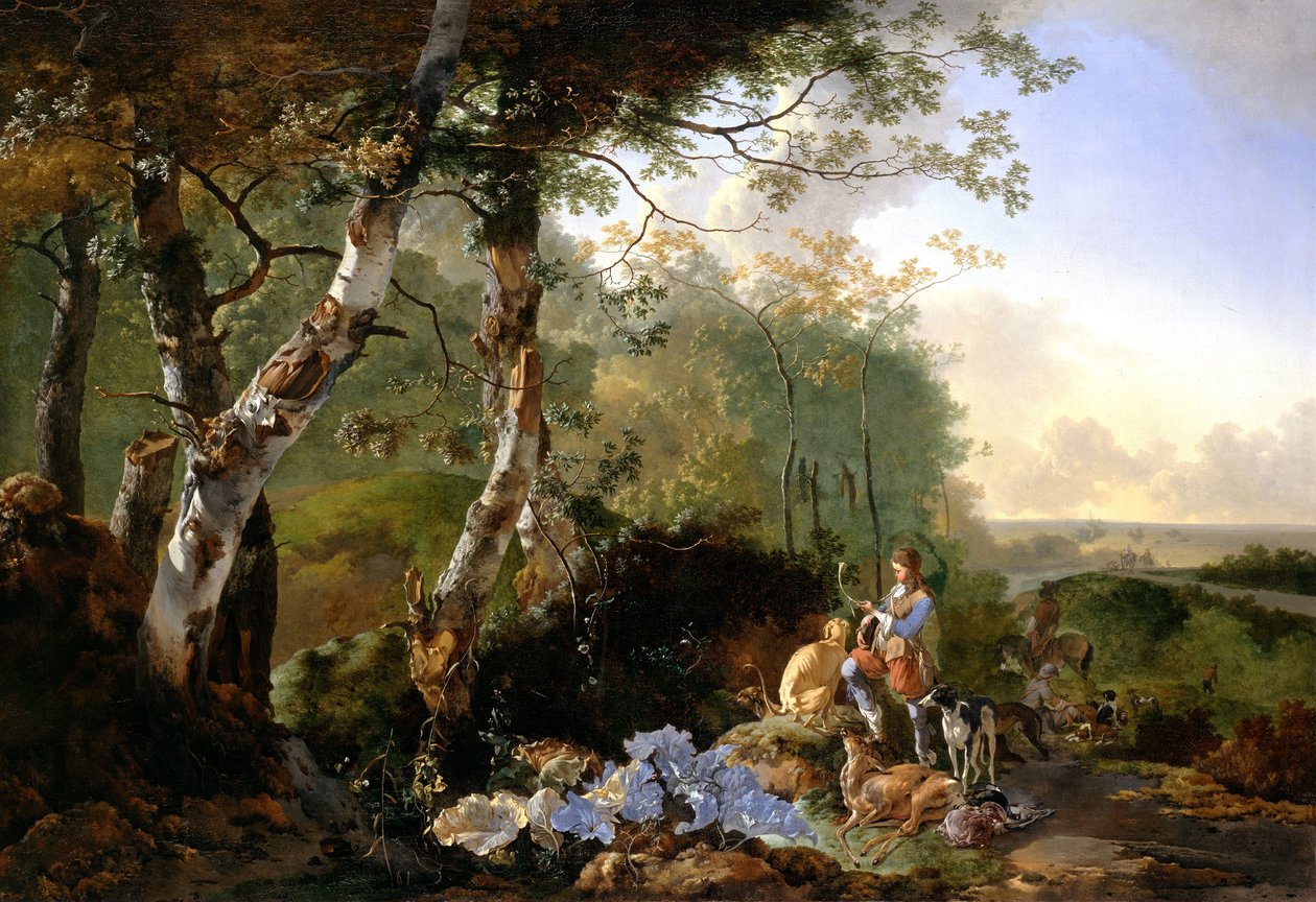 Landschaft mit Jägern und Wild von Adam Pynacker