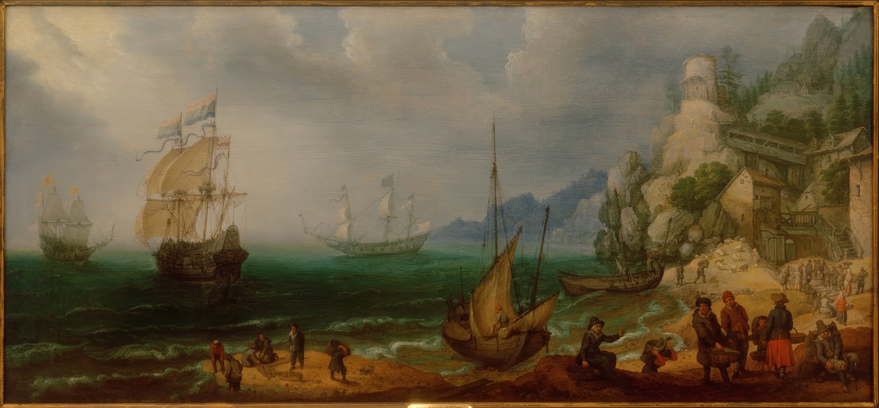 Felsige Küstenlandschaft mit Segelschiffen und Fischern von Adam Willarts