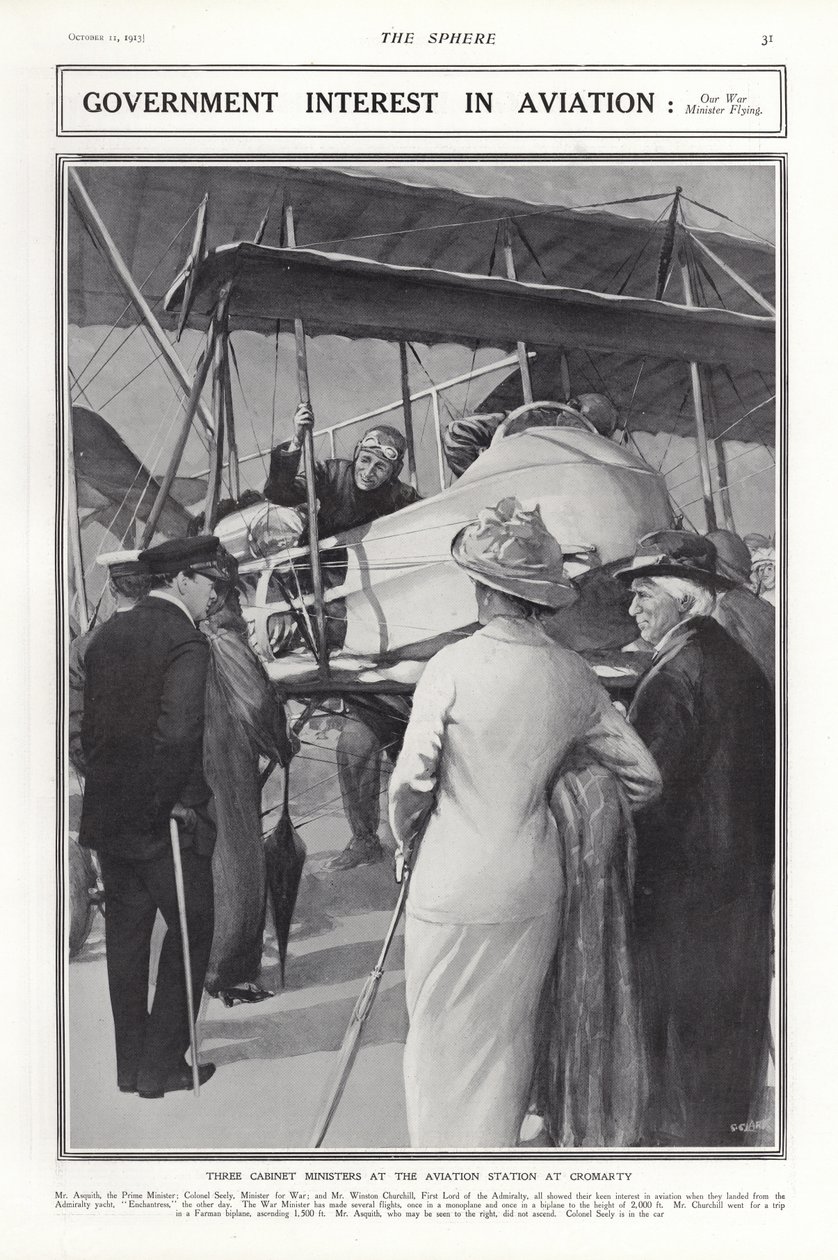 Oberst J A B Seely, Kriegsminister, steuert ein Flugzeug, Cromarty Aviation Station, Schottland, 1913 von Addison Thomas Millar