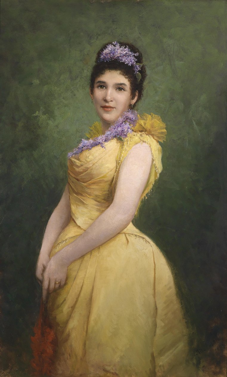 Dame in gelbem Kleid und Flieder im Haar von Adolf Echtler
