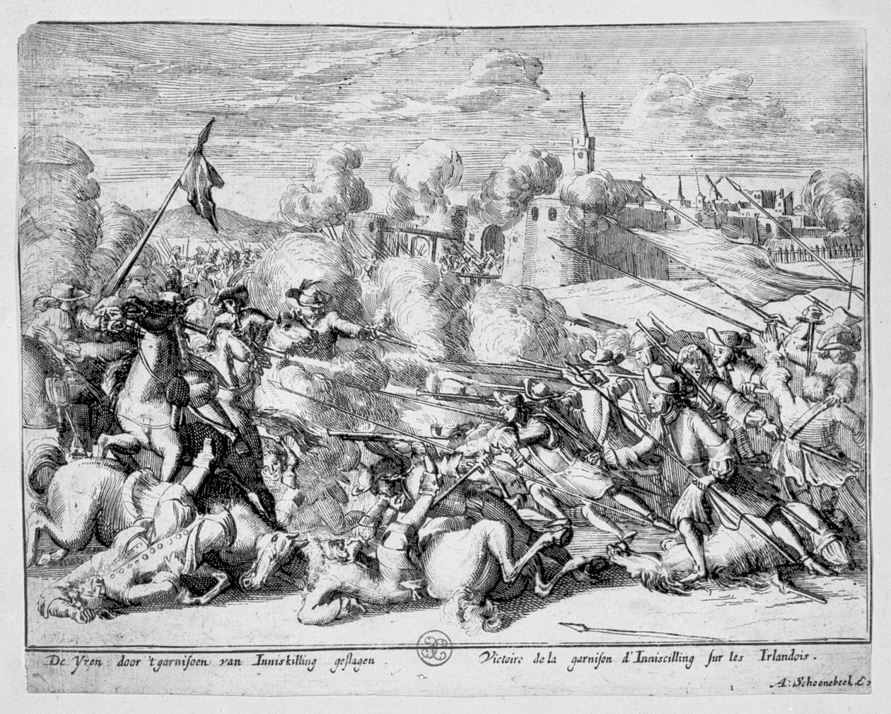 Die Garnison von Enniskillen verteidigt die Stadt gegen James II., 1689 von Adriaan Schoonebeek