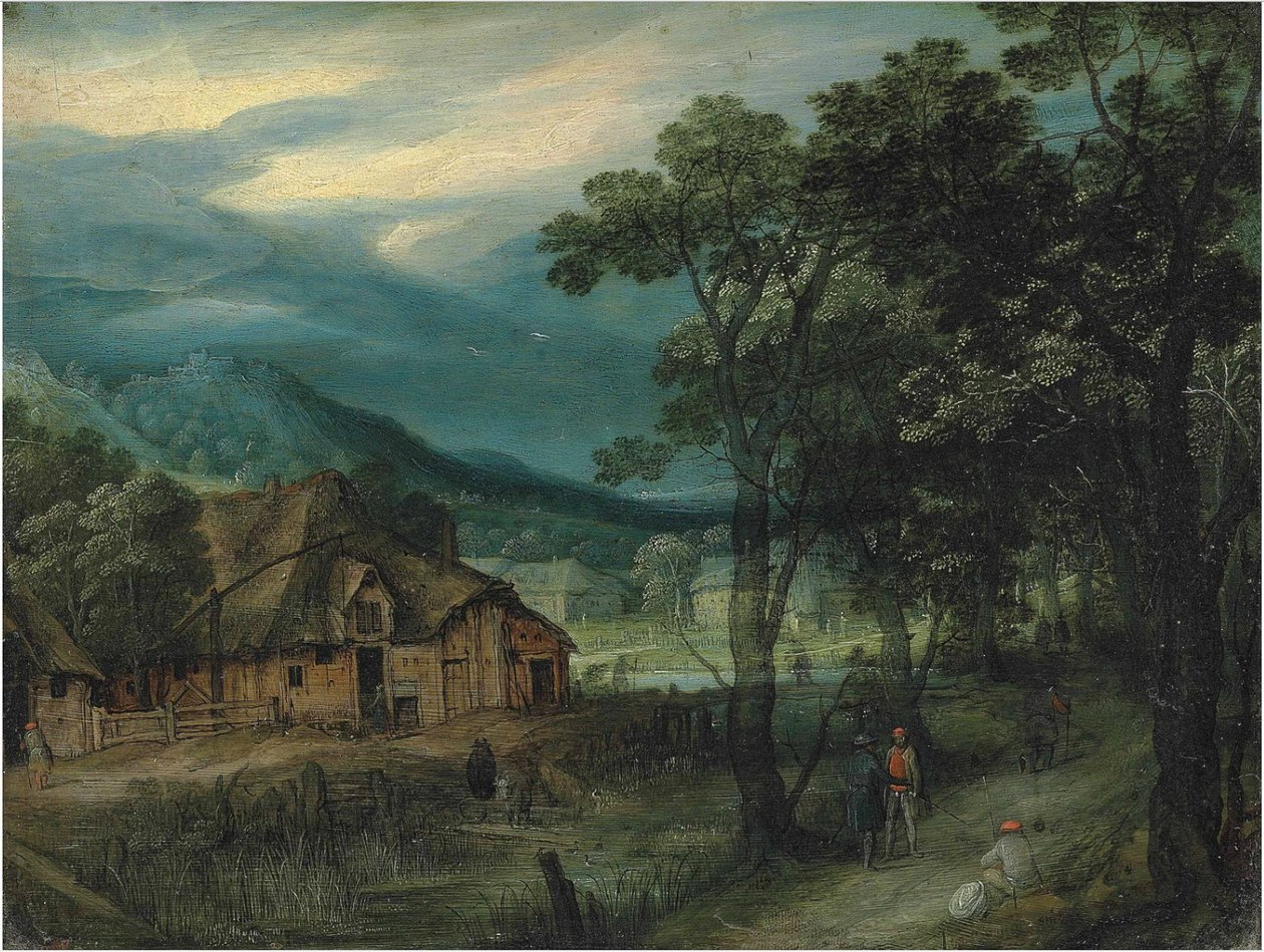 Waldlandschaft mit Reisenden auf einem Weg bei einem Dorf von Adriaen van Stalbemt