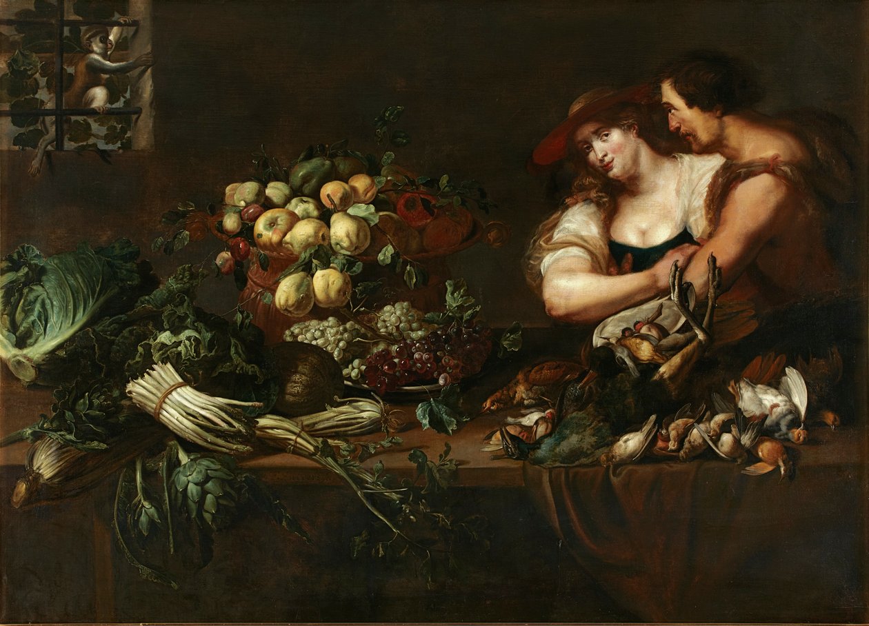 Ein Küchenstillleben mit Figuren von Adriaen van Utrecht